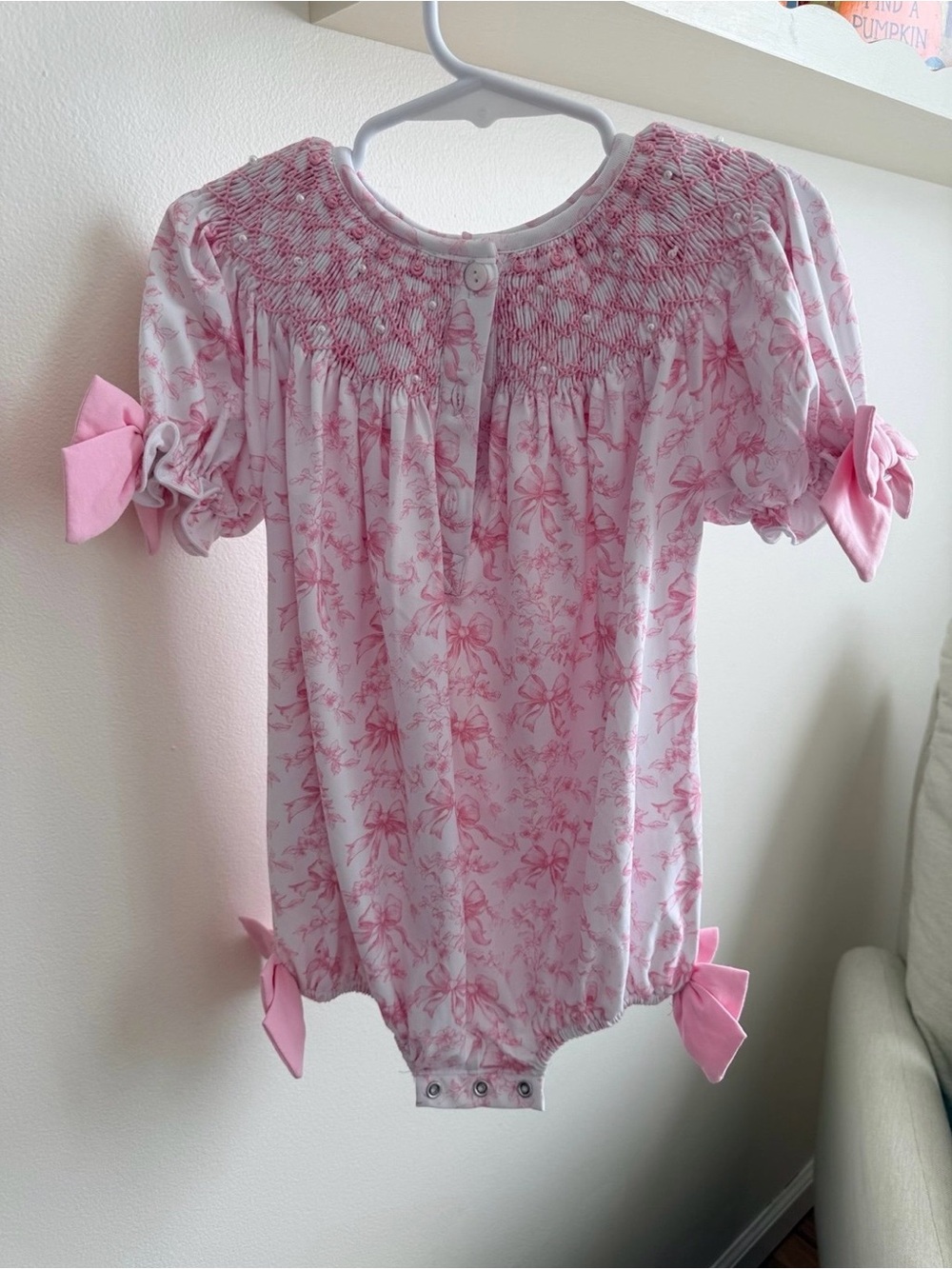 Pink Floral Smocked Baby One-Piece with Bow Details - Picture 2 of 2